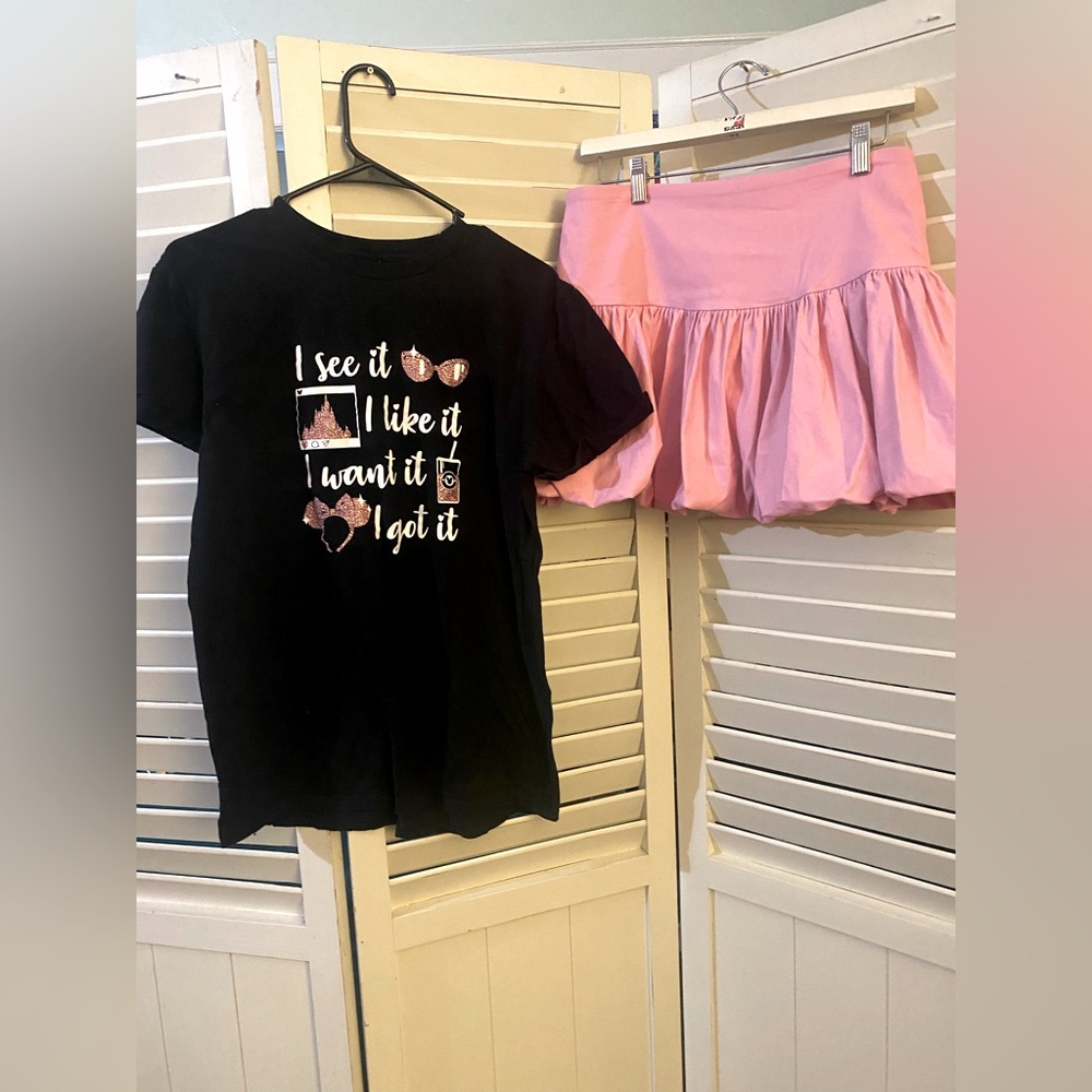 Two piece outfit including Wearever bubble skirt and Disney graphic tee